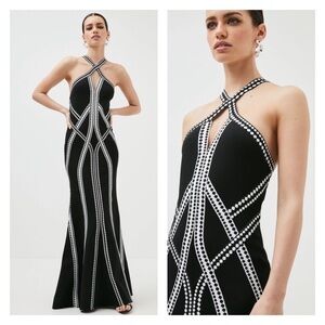 NWT KAREN MILLEN Graphic Contour Bandage Knit Maxi Dress Black White Petite XS
